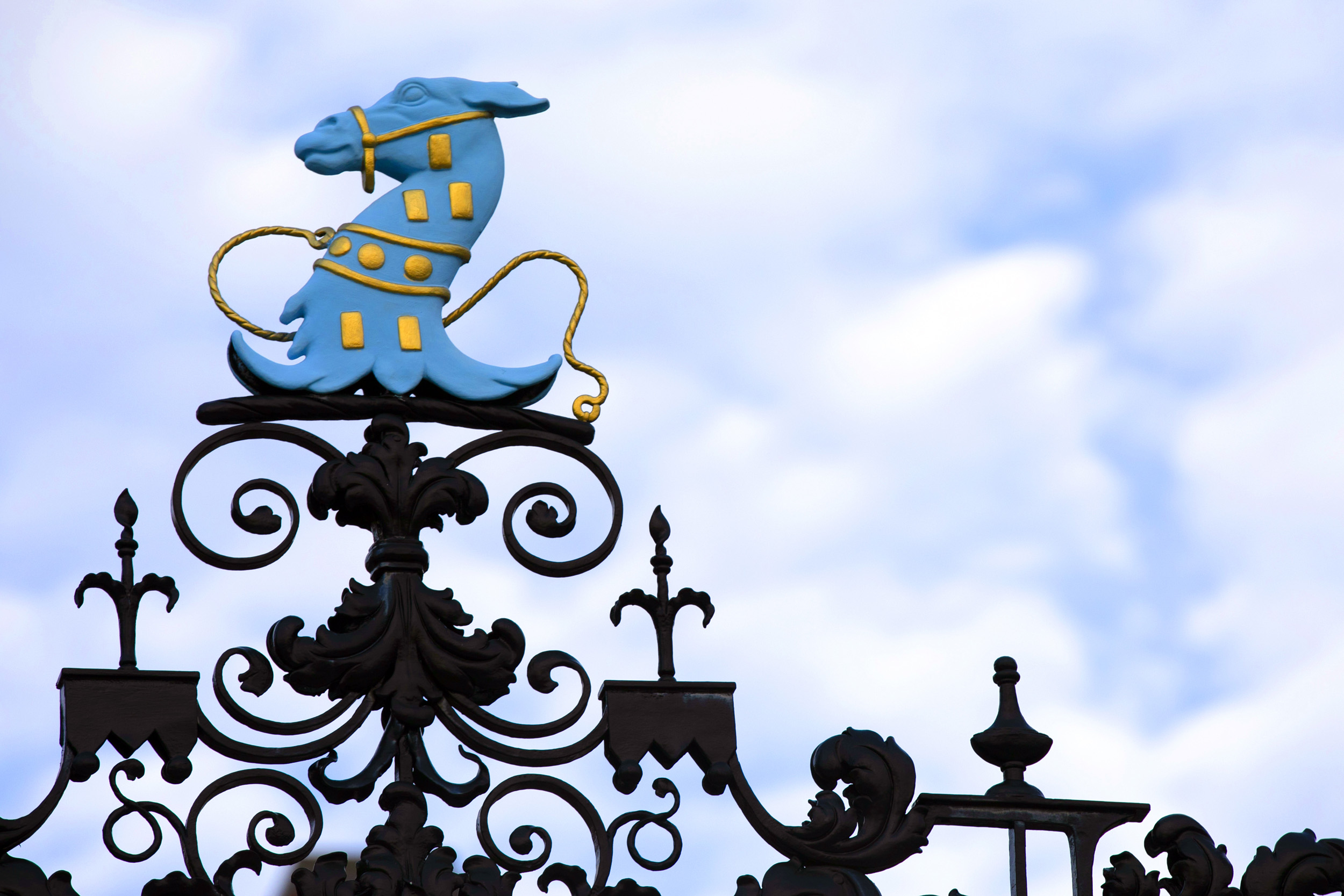 A blue horse decorates the gate surrounding Dunster House.