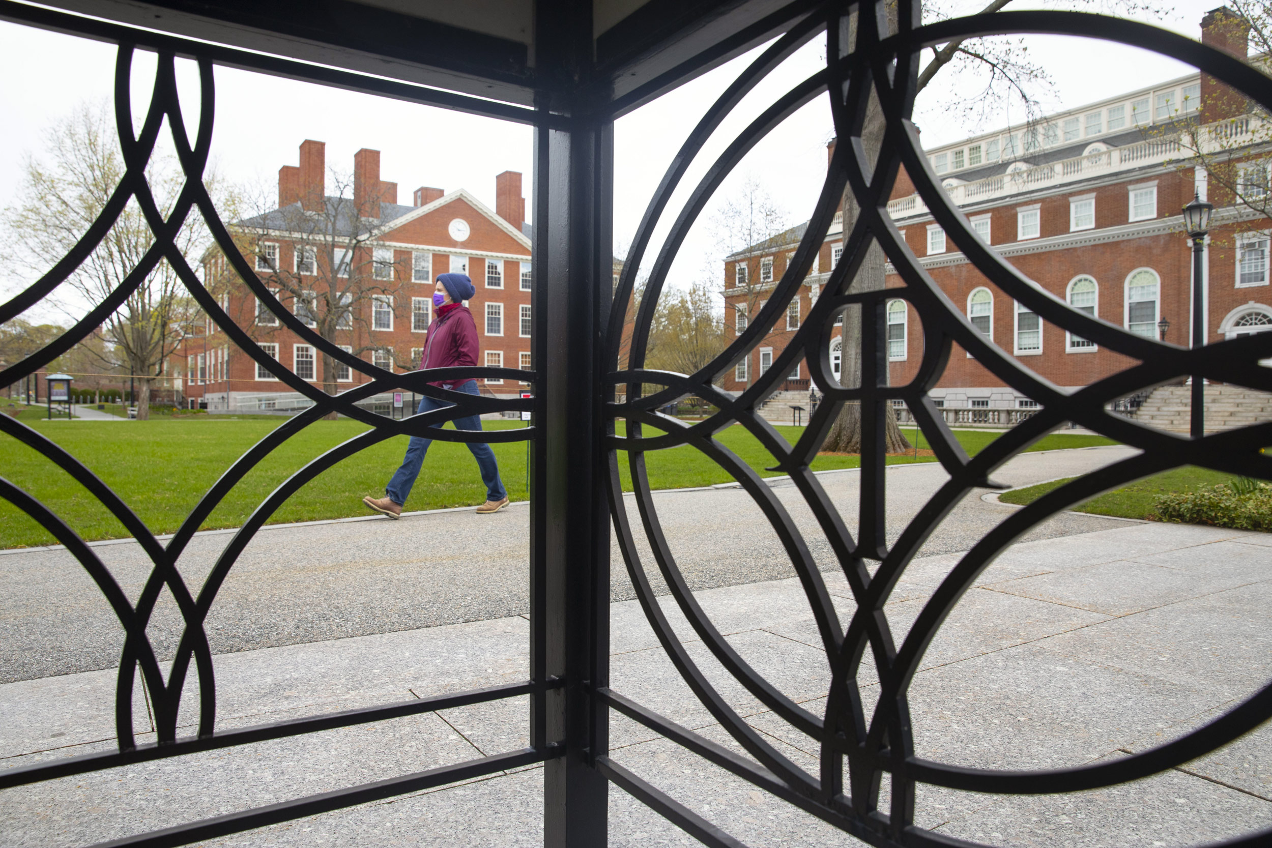 A woman's gait is framed by the iron logo of Radcliffe Institute.