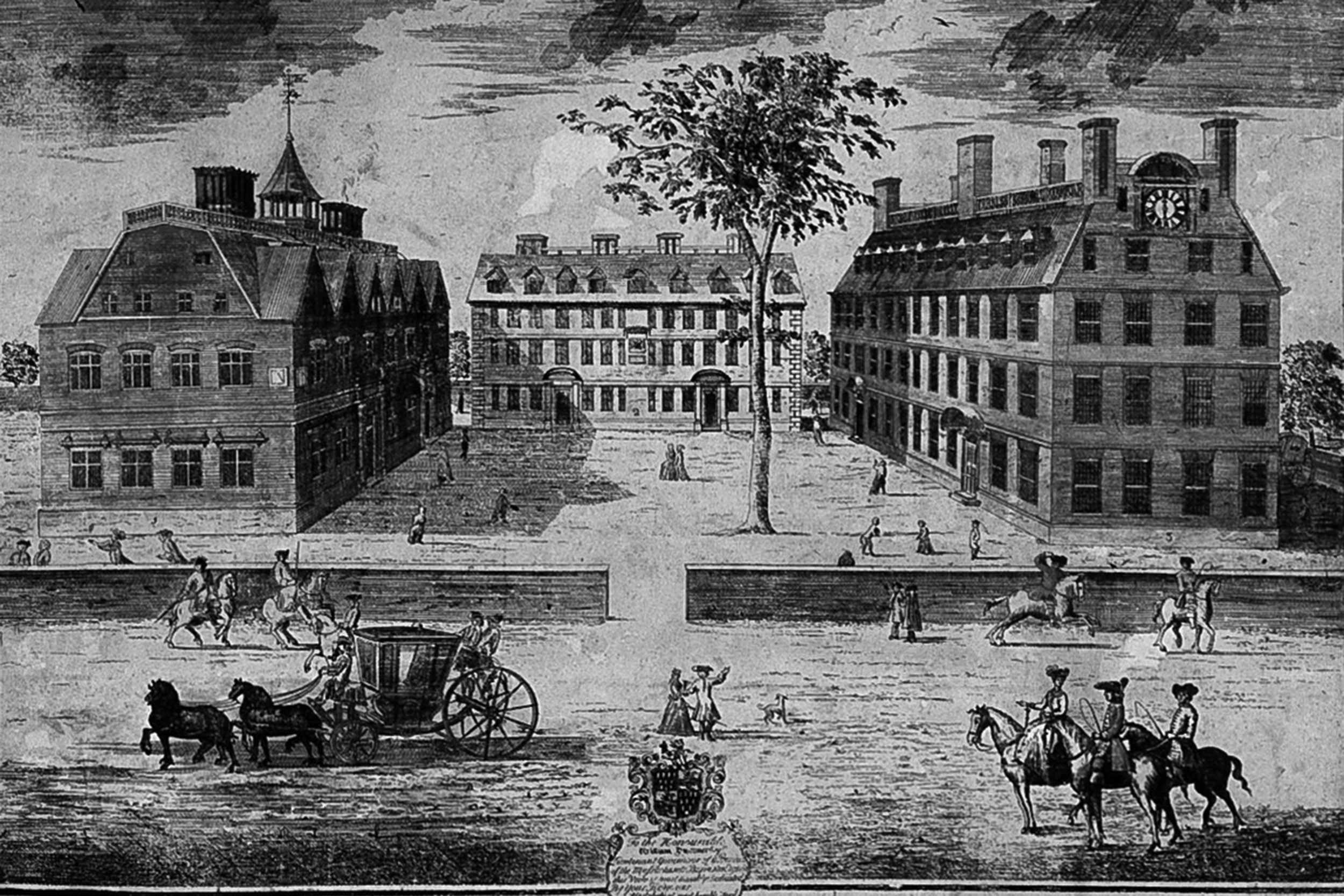 Engraving of Harvard in 1726. "A Prospect of the Colledges in Cambridge in New England," William Burgis, 1726.