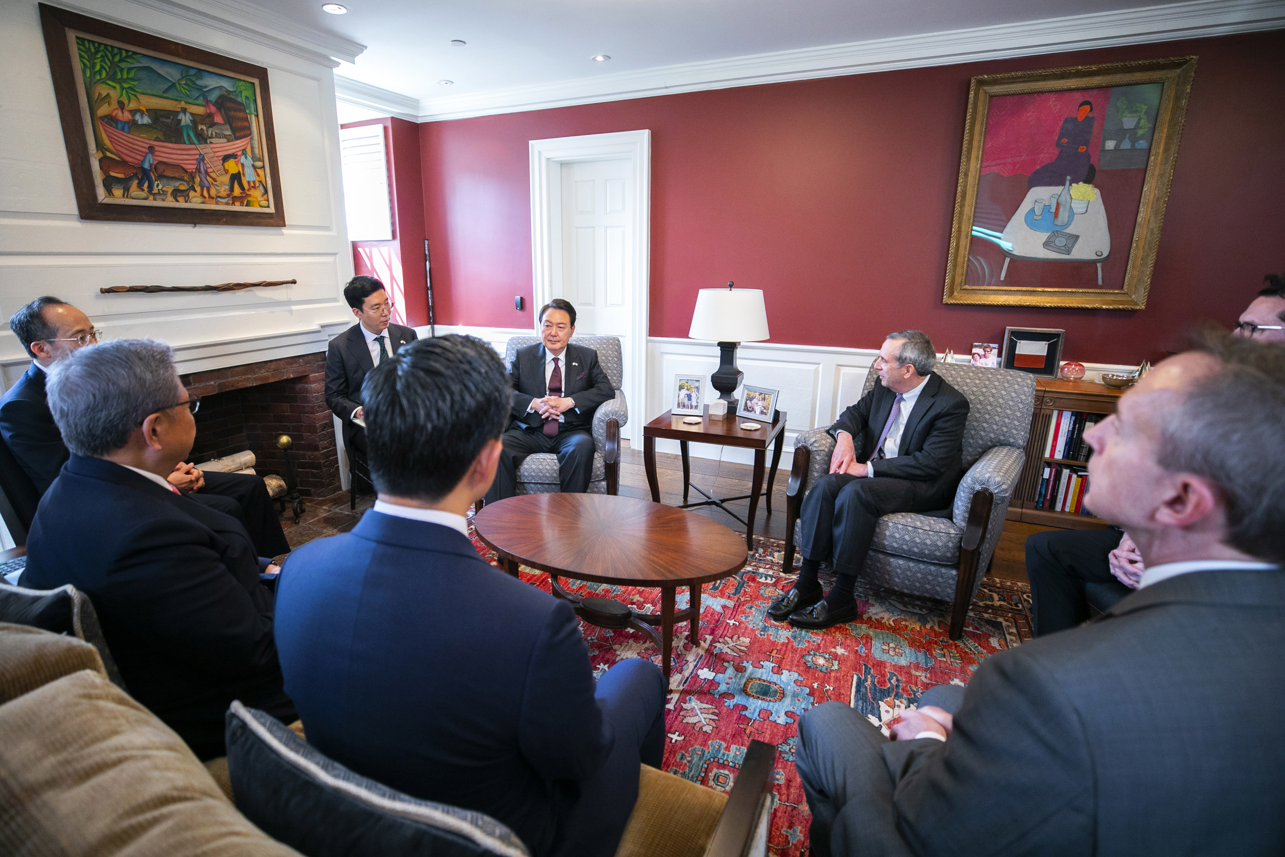South Korea President Yoon Suk Yeol met with Bacow in Massachusetts Hall during a Harvard visit in April 2023.