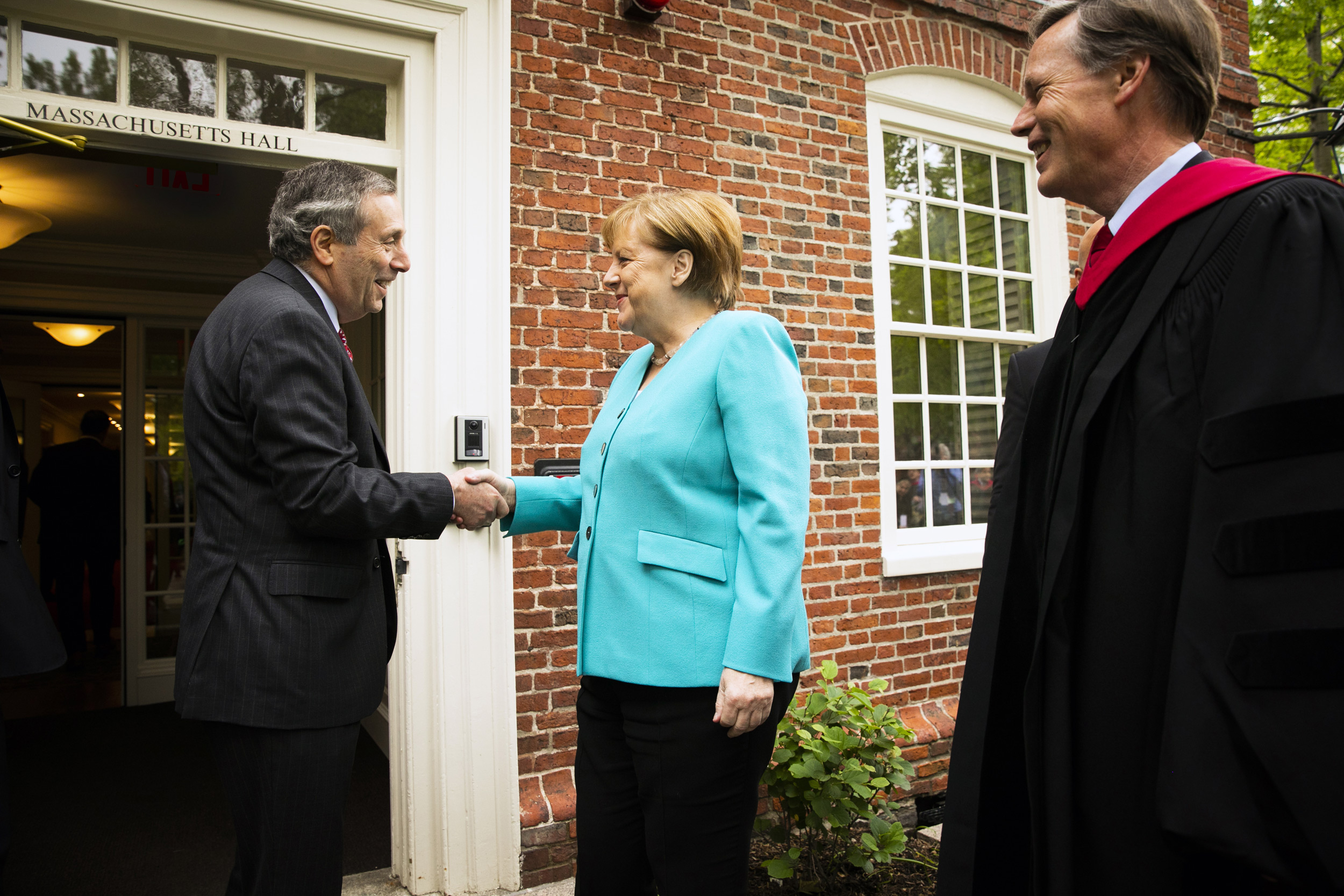 Bacow welcomed German Chancellor Angela Merkel, the 2019 Commencement speaker, to Massachusetts Hall.