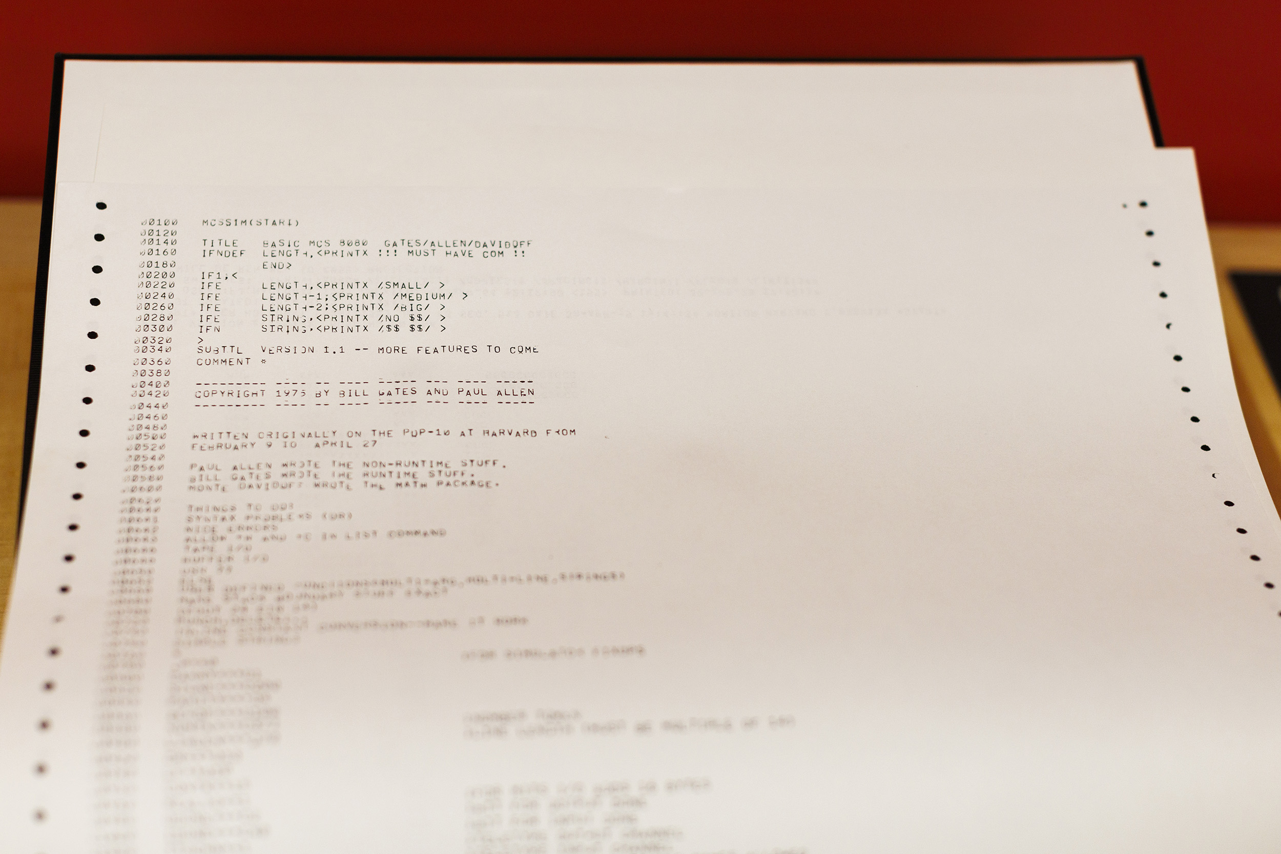 Printout of code written by Bill Gates in 1975 that became the basis for Microsoft’s first product, Altair BASIC.