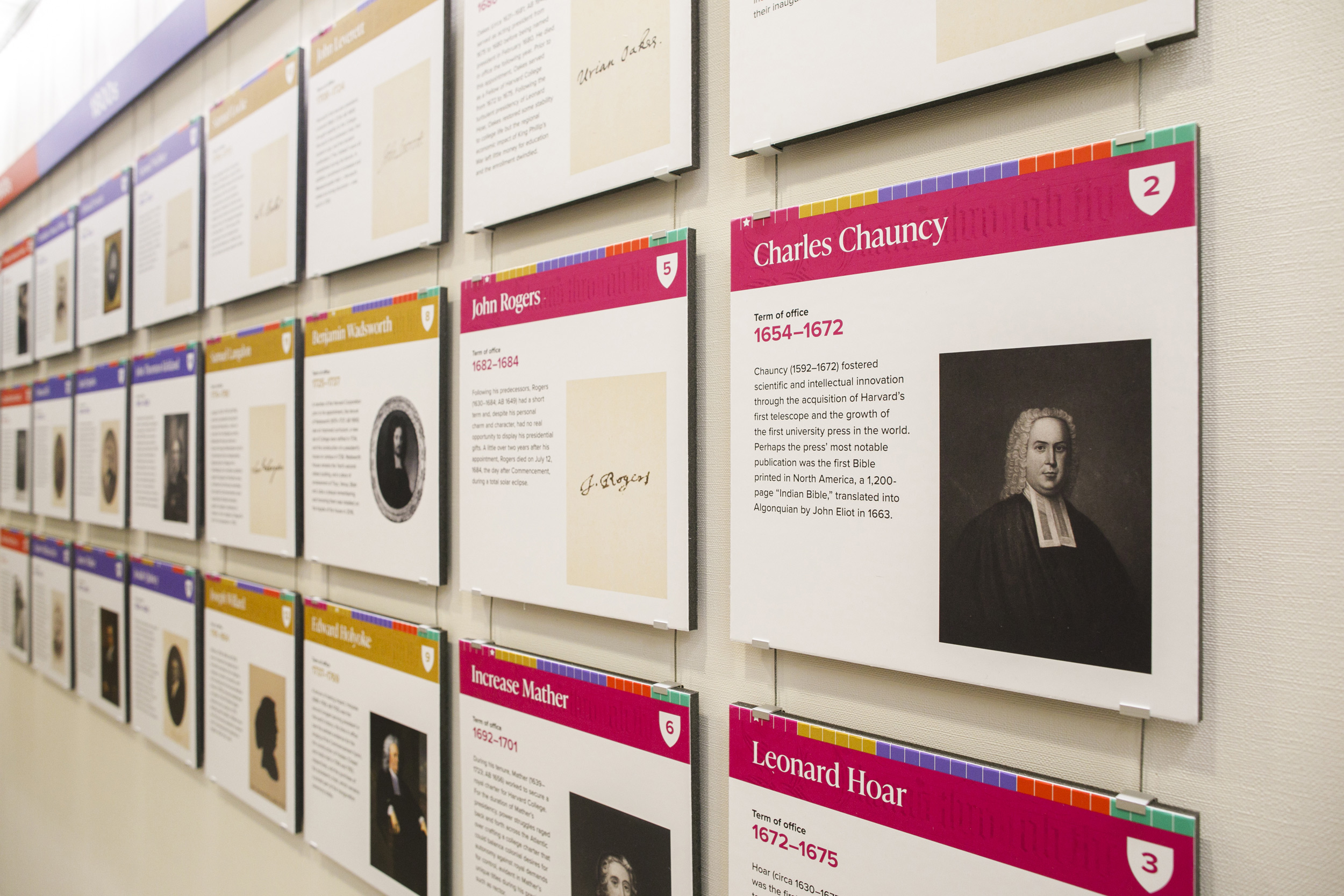 Wall of biographies of Harvard presidents.