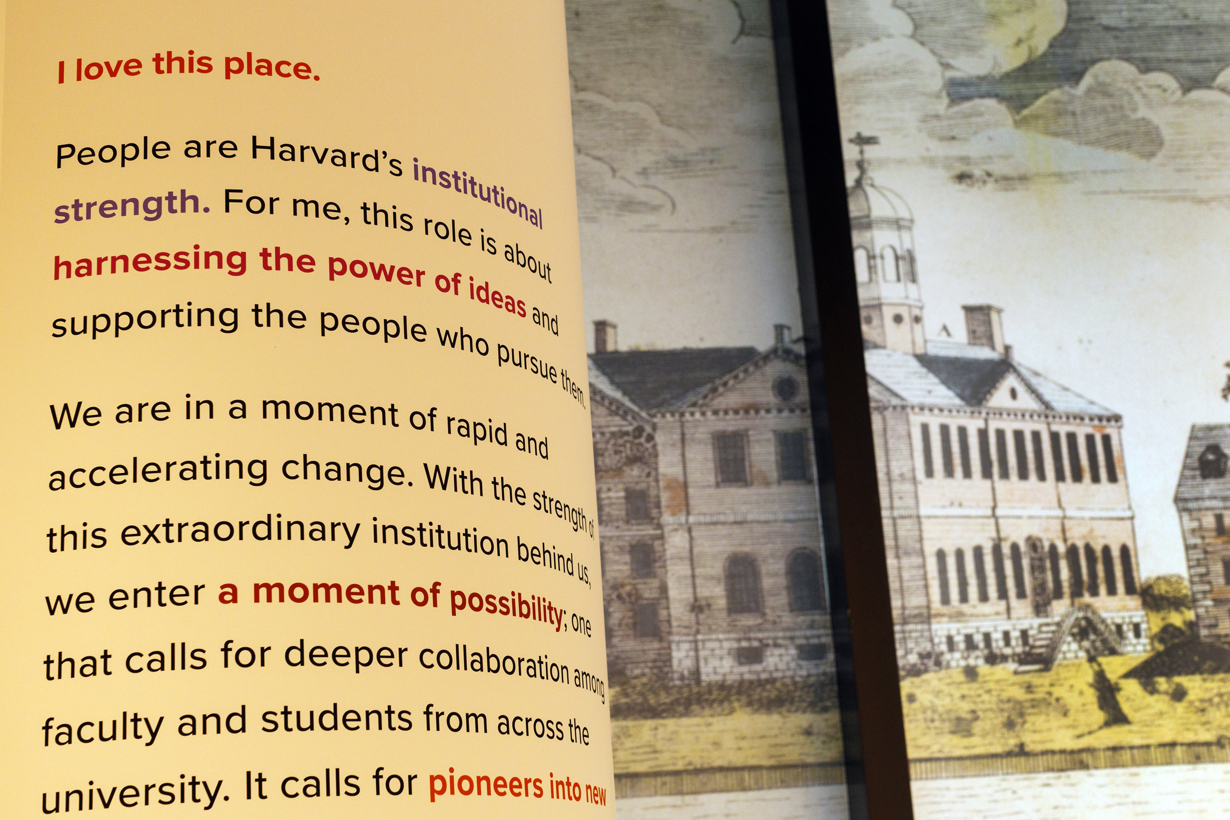 Large text from Claudine Gay speech displayed alongside historical illustrations of Harvard's campus.