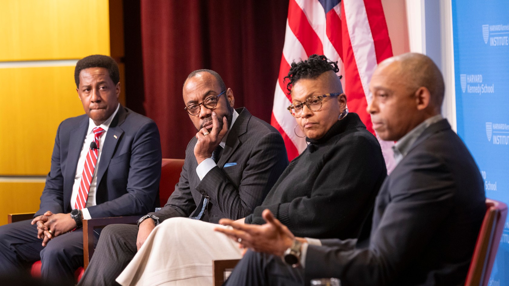 Setti Warren (from left), Cornell William Brooks, Sandra Susan Smith, and Khalil Gibran Muhammad speaking during the event.