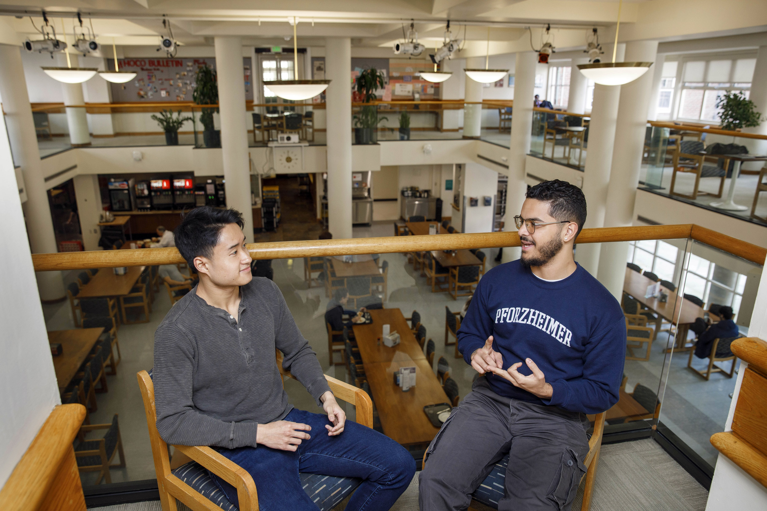 House Committee chairs, Adrian Munoz Krans ’25 (glasses) and Derek Hu ’25 tour the double decker Dining Hall