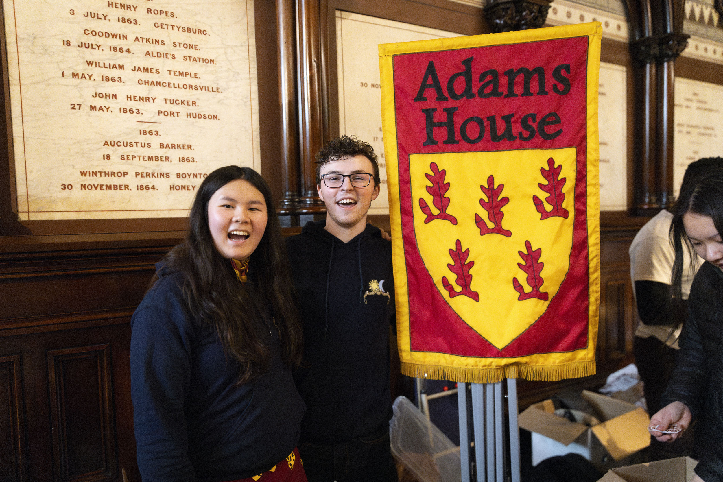 Adams House HoCo Chairs Lily Liu ’25 (left) and Tate Underwood ’25 pose for a photo.