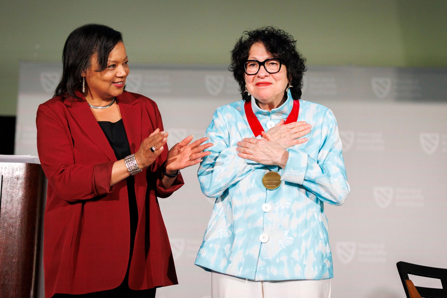 Radcliffe Dean Tomiko Brown-Nagin (left) presents Associate Justice of the US Supreme Court Sonia Sotomayor with the Radcliffe Medal. 