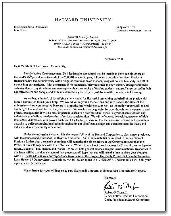 Letter from President Rudenstine