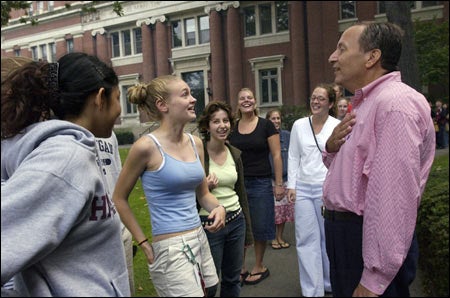 Freshmen with President Summers at barbecue