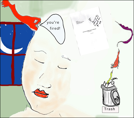 Illustration of a woman dreaming she's being fired by a fish