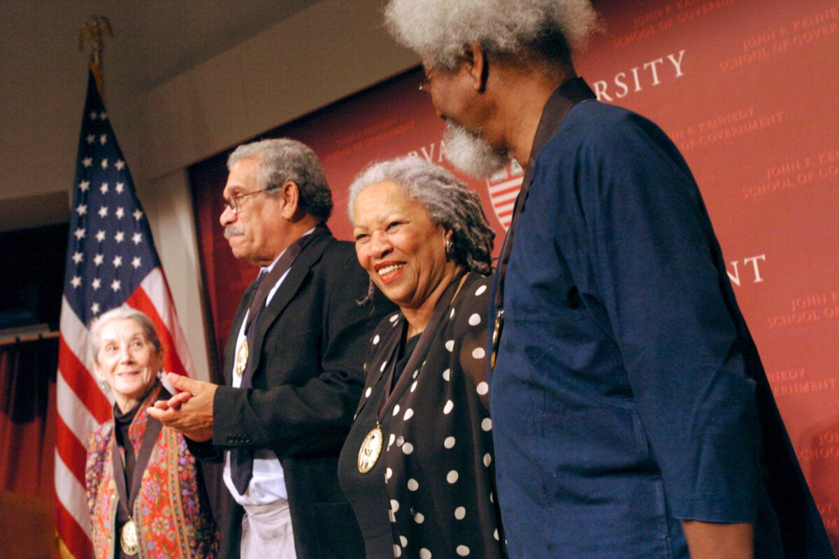 Nobel Prize winners in literature (from left) Nadine Gordimer, Derek Walcott, and Toni Morrison came together to celebrate the birthday of their peer, Wole Soyinka (right).