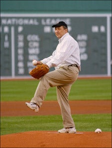 President Summers on the mound at Fenway