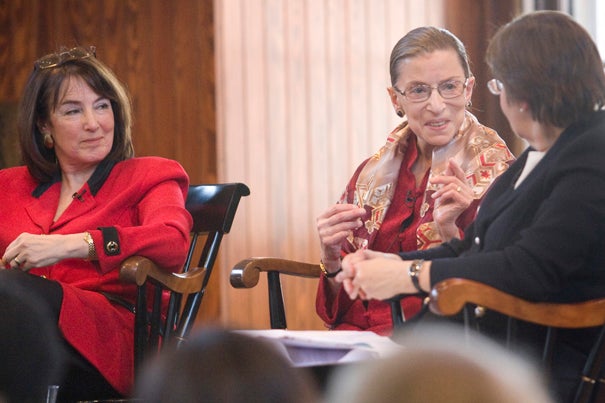 Among the participants in the Radcliffe conference on gender and law were Judge Nancy Gertner (from left), Supreme Court Justice Ruth Bader Ginsburg, and journalist Linda Greenhouse ’68.