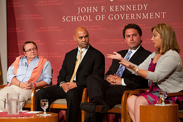 Kennedy School graduates share their inspiring stories of public service during a panel discussion titled ‘Ask What You Can Do.’ The panel included Wivina Belmonte, M.P.A. ’09 (left), Ray Jefferson, M.P.A. ’98, Cody Keenan, M.P.P. ’08, and Margita Thompson, M.P.P. ’96.