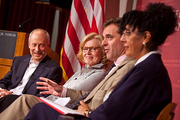 The evening panel was the first public discussion of Michael Sandel’s latest book, “Justice: What’s the Right Thing to Do?” Sandel, the Anne T. and Robert M. Bass Professor of Government (from left), was joined by author, columnist, and speechwriter Peggy Noonan, who this fall is a fellow at the Institute of Politics, which sponsored the panel; Niall Ferguson, Laurence A. Tisch Professor of History, and the William Ziegler Professor of Business Administration at Harvard Business School; and Lani Guinier, Bennett Boskey Professor of Law at Harvard Law School.
