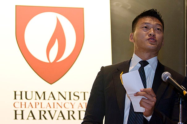 Lt. Dan Choi, who faces discipline from the military after coming out as a gay man, received the first Service to Humanity award from the Harvard Humanist Chaplaincy. In a dramatic gesture, Choi burned his discharge letter at the podium during the award ceremony.