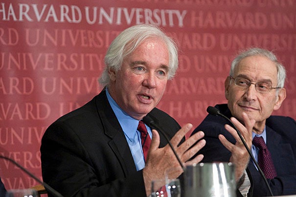 Offering a critical eye toward the Constitution,  Alex Keyssar, Matthew W. Stirling Jr. Professor of History and Social Policy (left), describes the section of the document that deals with elections and voting rights as “very badly crafted.” Charles Fried, Beneficial Professor of Law (right), notes that the document’s brief length is one of its most impressive features.