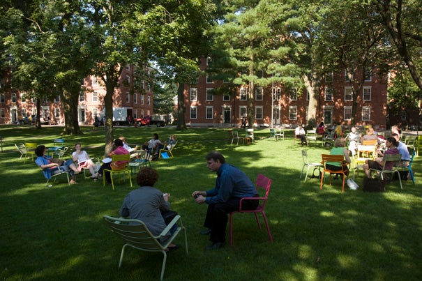 The Holworthy Hall green is peppered with colorful chairs that are part of a new initiative by the Committee on Common Spaces. In combination with the chairs, art performances will take place across campus, turning green spaces into stages.