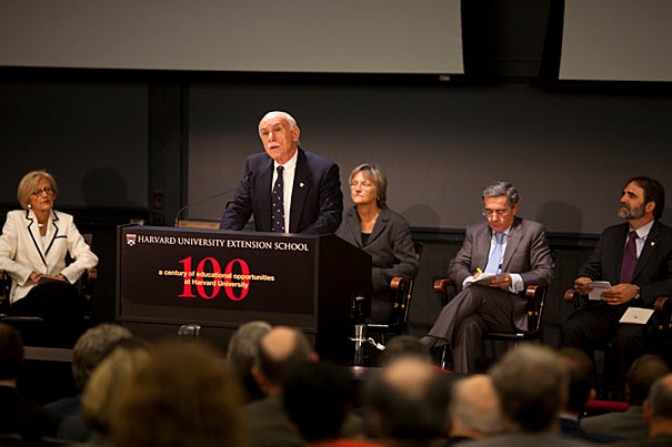 Harvard University Extension School Dean Michael Shinagel launches the yearlong celebration of the School's centenary with a Sept. 25 convocation.  Among those participating in the convocation were Dorothy Austin (seated from left) President Drew Faust,  Álvaro Uribe, and William Fash.  