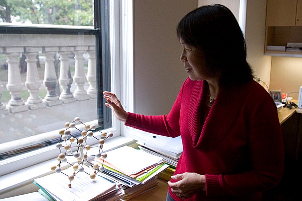 Evelyn Hu, Gordon McKay Professor of Applied Physics and Electrical Engineering, shows a  model of gallium arsenide. Hu has joined Harvard's School of Engineering and Applied Sciences after spending 25 years at the University of California, Santa Barbara.