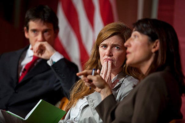Carr Center Director Rory Stewart (left), the center's founding executive director Samantha Power, and its former director Sarah Sewall revisit the center's first decade. Power said that one of the most gratifying things about her work with the Carr Center is to see how questions that were being asked 10 years ago are no longer on the table.