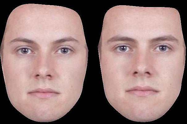 Examples of masculinized (right) and feminized (left) versions of a male face. A new study from a researcher at Harvard University finds that gay men are most attracted to the most masculine-faced men, while straight men prefer the most feminine-faced women.