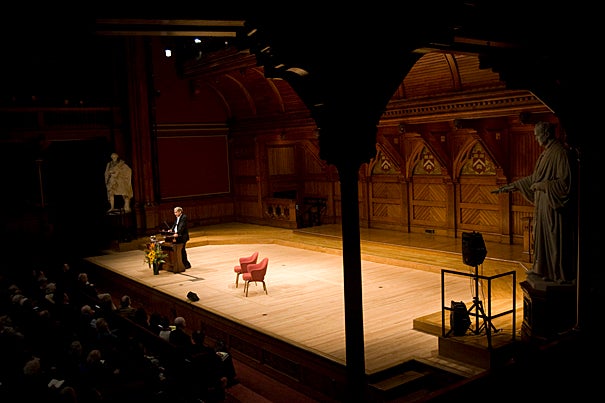 Orhan Pamuk spoke to a large Sanders Theatre audience: "Novels are fundamentally visual literary fictions." The final Norton Lecture is at 4 p.m. on Nov. 3 in Sanders Theatre.