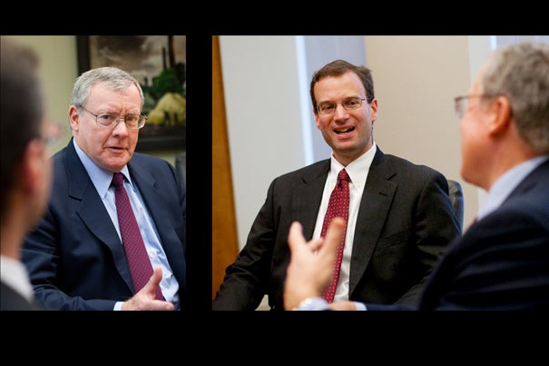 Harvard University’s treasurer, Jim Rothenberg (left), and its chief financial officer, Dan Shore (right), discuss the annual report and the lessons learned in a tough economic climate.