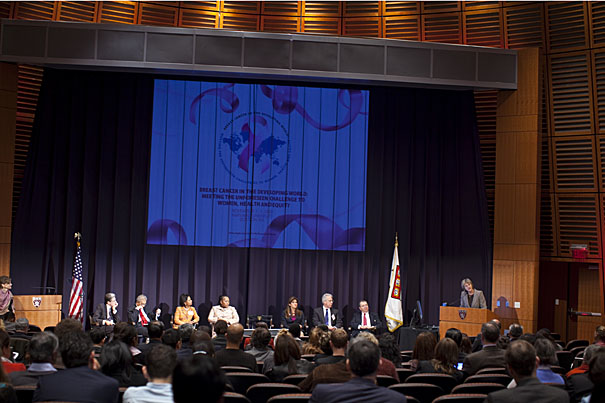 A panel of experts, and those whose lives have been touched by cancer, shared the stage at a three-day international symposium titled “Breast Cancer in the Developing World: Meeting the Unforeseen Challenge to Women, Health and Equity.” Speaking from the podium is Harvard President Drew Faust, who made opening remarks on the second day of the event (Nov. 4).