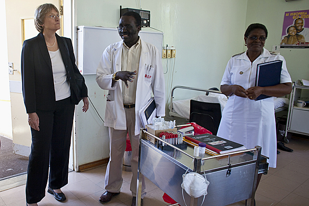 Harvard President Drew Faust tours Mochudi Hospital in the village of Mochudi, Botswana.