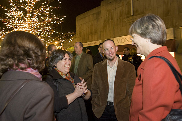 Cambridge Historical Society President Jinny Nathan (second from left) and its  executive director, Gavin Kleespies (center), chat with Harvard President Drew Faust during the "Think Harvard Square" festivities.