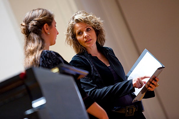 Renowned soprano Renée Fleming (right) challenged Sofia Selowsky ’12, a mezzo-soprano with a deep register, to explore her voice’s higher range. Fleming was teaching a master class through the Office for the Arts' Learning From Performers program.