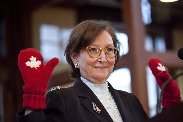 Canadian Supreme Court Justice Rosalie Abella spoke at a Radcliffe Institute lecture March 1 on the importance of human rights: “We need the rule of justice, not the rule of law.” Abella shows off her maple leaf mittens in honor of Canada's dramatic gold medal victory in Olympic hockey the previous day.
