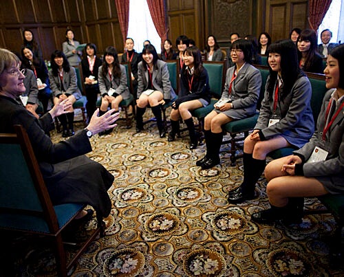 Harvard University President Drew Faust visits the Keio Girls Senior High School in Tokyo. Drew Faust (left) speaks to a gathering of students. Staff Photo Stephanie Mitchell/Harvard University News Office
