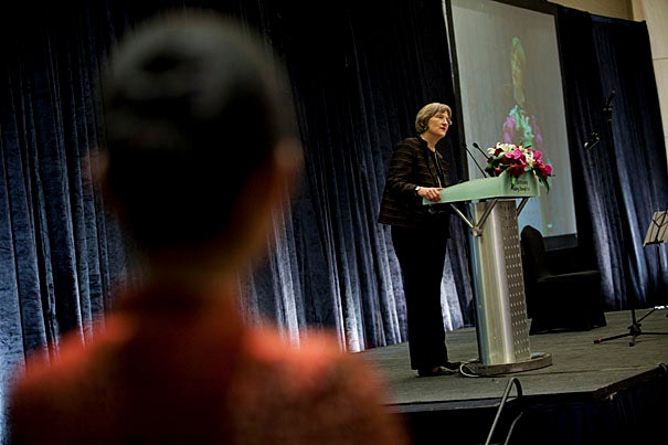 Harvard President Drew Faust delivers her speech during the Harvard Center Shanghai celebratory banquet and reception.
