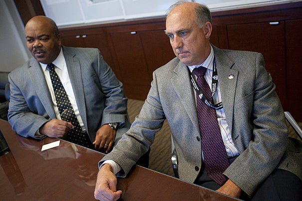 The Harvard University Police Department’s two new deputy chiefs, James Claiborne (left) and Michael Giacoppo, offer their thoughts on policing at Harvard.