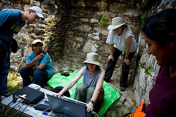 In 2007, Harvard researchers Hugo Garcia (from left), Reina Flores, Vicky Karas, Barbara Fash, and Citlali Sanchez were in Yaxchilan, Mexico, bringing new technology to the archaeological site.