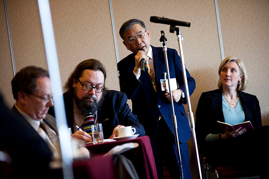 A member of the Japan National Press Club poses a question to Faust. 
Stephanie Mitchell/Harvard Staff Photographer