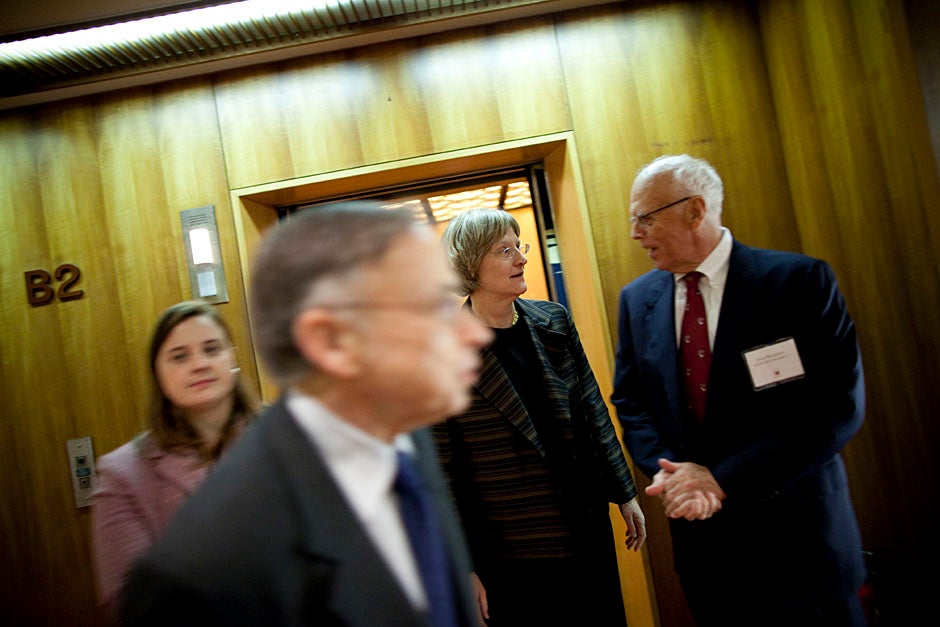 Faust attends the Harvard Club of Japan Dinner at Hotel Okura. Rosenberg (second from left), Faust, and Jack Reardon arrive at the event. 
Stephanie Mitchell/Harvard Staff Photographer