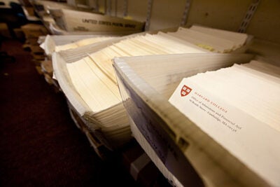 (Cambridge, MA.-- Wednesday, March 31, 2010)--   Admissions employees send 2,110 admission packets and rejection letters (pictured) to  high school seniors.   Staff Photo Rose Lincoln/Harvard News Office