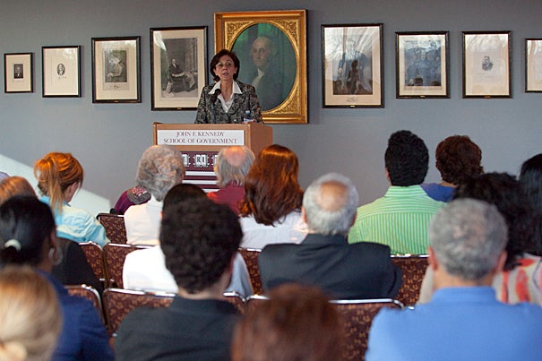 Rima Khalaf, a onetime United Nations official who was once deputy prime minister of Jordan, is the first visiting scholar at the Harvard Kennedy School's Middle East Initiative.  In the first of a three-part lecture series, Khalaf examines the challenges facing human development in the Arab world, along with ways those challenges can be met.