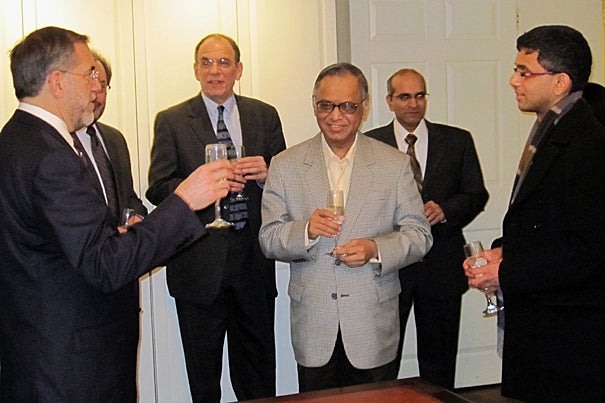 Provost Steven Hyman (far left) and other Harvard officials join the Murty family to celebrate the new Murty Classical Library of India series.