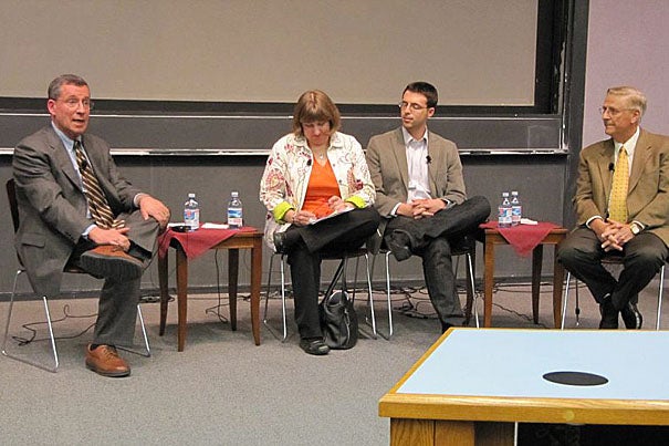 Robert Blendon (left), Julie Rovner, Ezra Klein, and Timothy Johnson discuss “Covering Health Care Reform in the Digital Age." The panel event, which was co-sponsored by the Shorenstein Center, was part of the Kennedy School's Public Service Week events.
