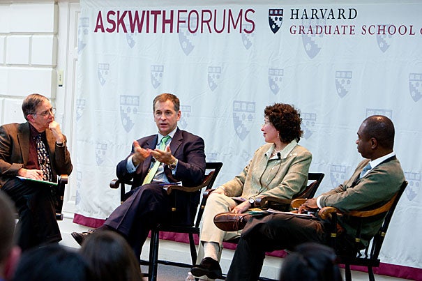 Harvard University Graduate School of Education hosted "What Matters and What Counts? Expanding What We Value in Schools,” with a panel that included Steve Seidel (from left), Kevin Jennings, Beth Gamse, and Thabiti Brown.


