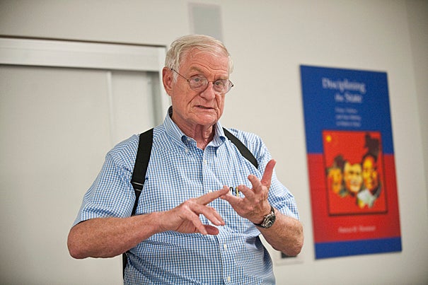 Nicholas Platt, president emeritus of the Asia Society, former U.S. ambassador, and China specialist, speaks at a seminar called "China Then and Now."