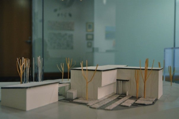An architectural landscape model by Bruce Williams is part of the Radcliffe Institute staff art show.
