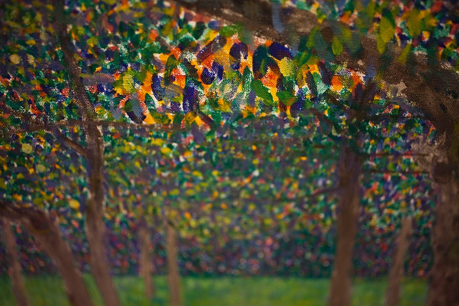 With rainbow colors, this painting inside the Sackler Museum looks more like confetti than leaves. Stephanie Mitchell/Harvard Staff Photographer