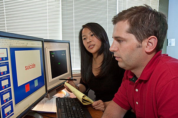 "Our work provides two important new tools clinicians can use in deciding how to treat potentially suicidal patients,” said Harvard Professor of Psychology Matthew K. Nock (right), who worked on the study with Christine B. Cha (left), a doctoral student in psychology.