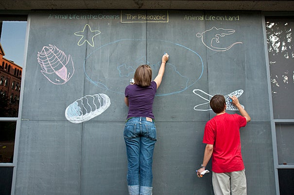Earth and planetary sciences graduate student Sarah Hurley (left) and research assistant Peter Hedman draw chalk murals on the slate panels outside of Hoffman Laboratory. The murals offer passers-by a glimpse into three earlier eras in the history of life and of Earth.